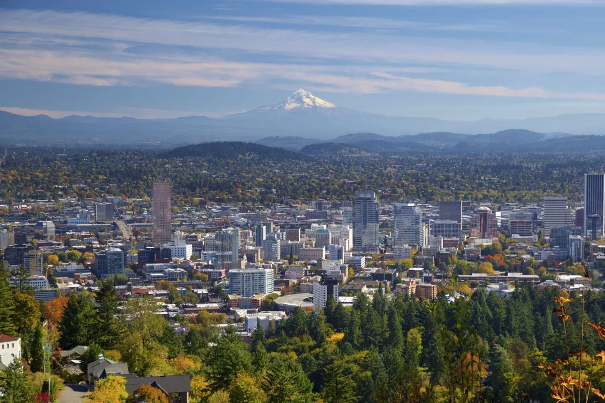 A beautiful view of a city skyline framed by lush green trees and a snow-capped mountain in the background. The inspiring, wide-angle perspective connects the property to the larger Silicon Forest environment and the opportunities for outdoor exploration nearby.