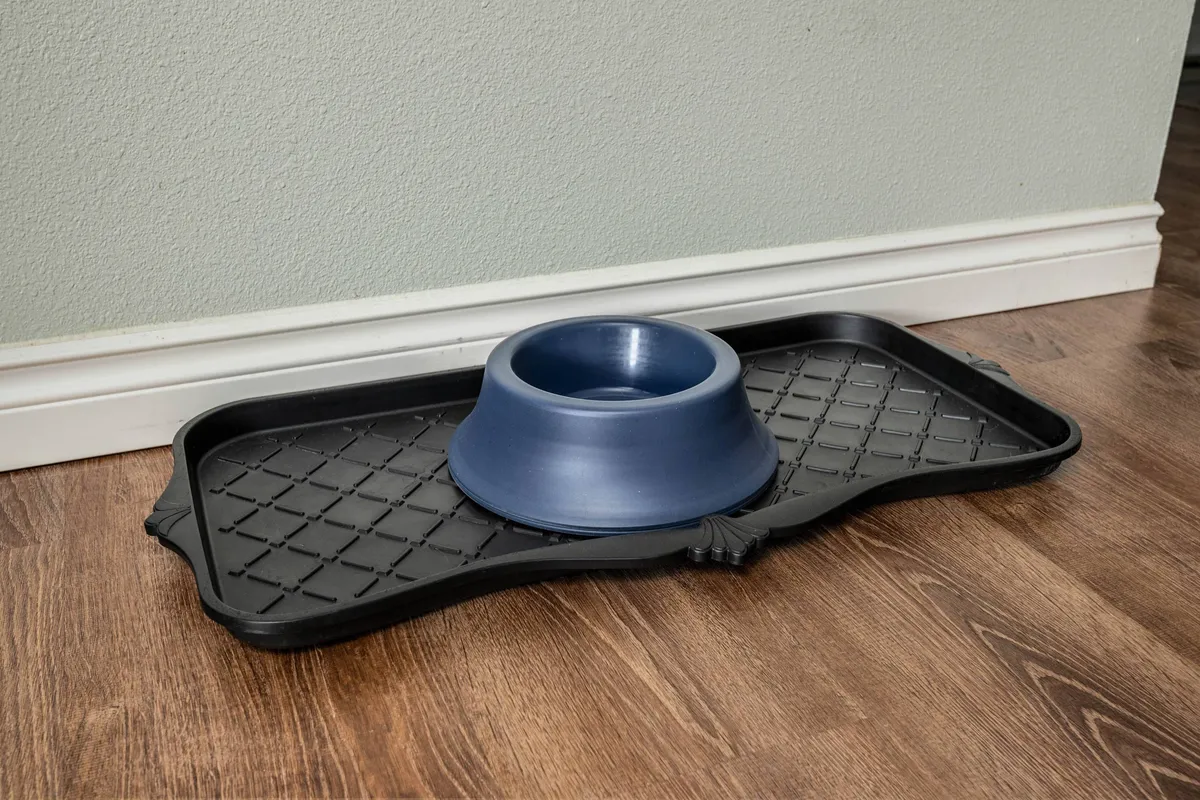 A practical interior close-up showing a dog bowl and tray set on a wooden floor, ready for feeding time. The setup is clean and organized, emphasizing the home's readiness to accommodate pets.